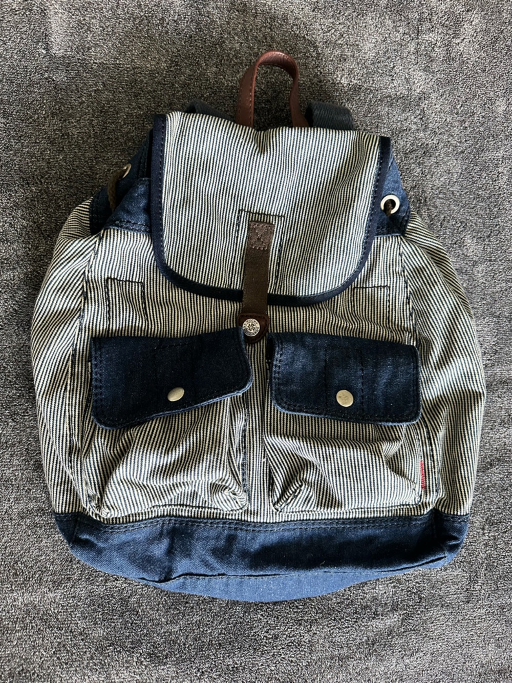 Lucky Brand - Women's Blue Striped Denim Drawstring Backpack, Leather Trim
